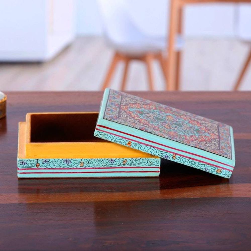 Wood Papier Mache Decorative Box in Blue 'Persian Flower Paradise'