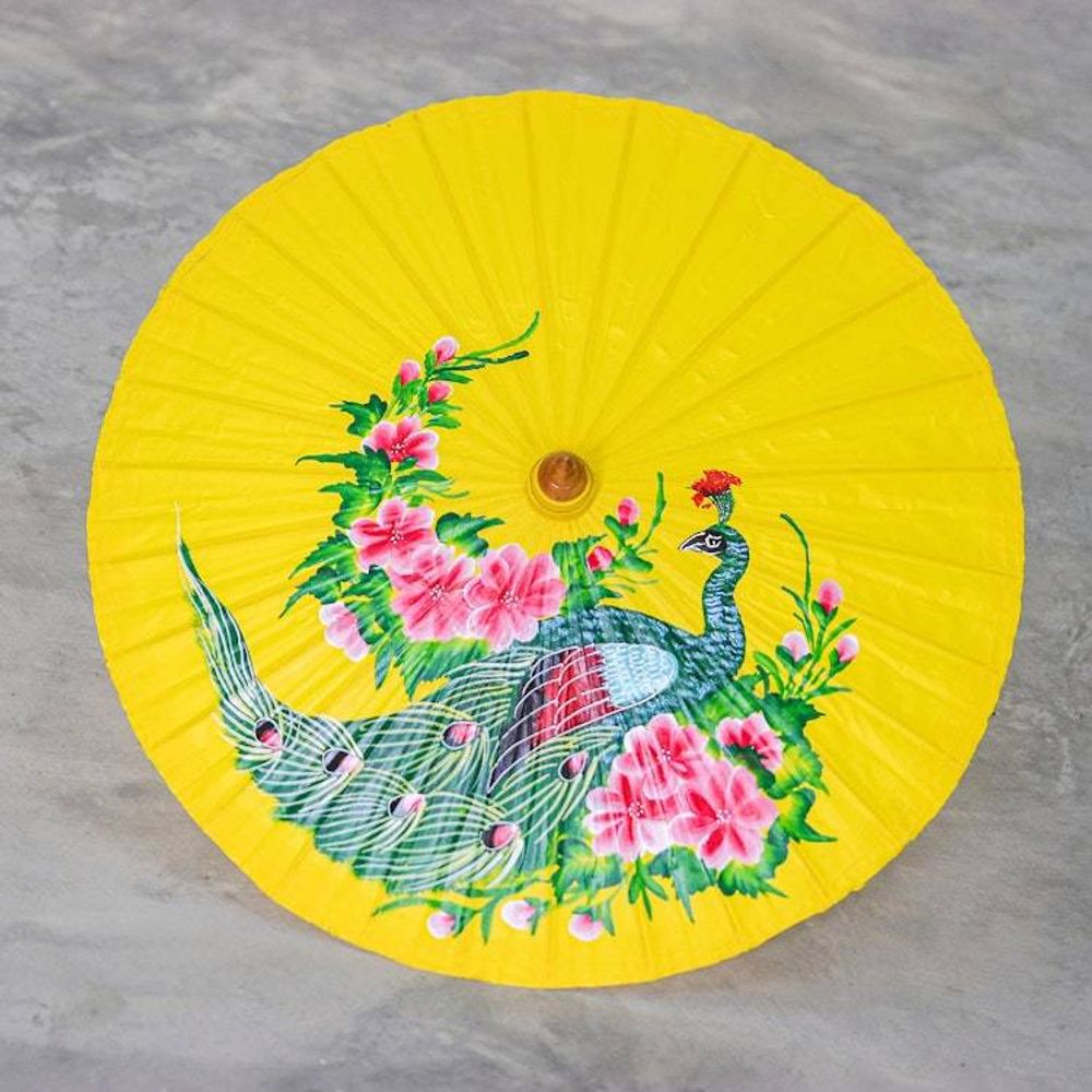 Hand-Painted Peacock-Themed Cotton and Bamboo Parasol 'Sunrise Divinity'