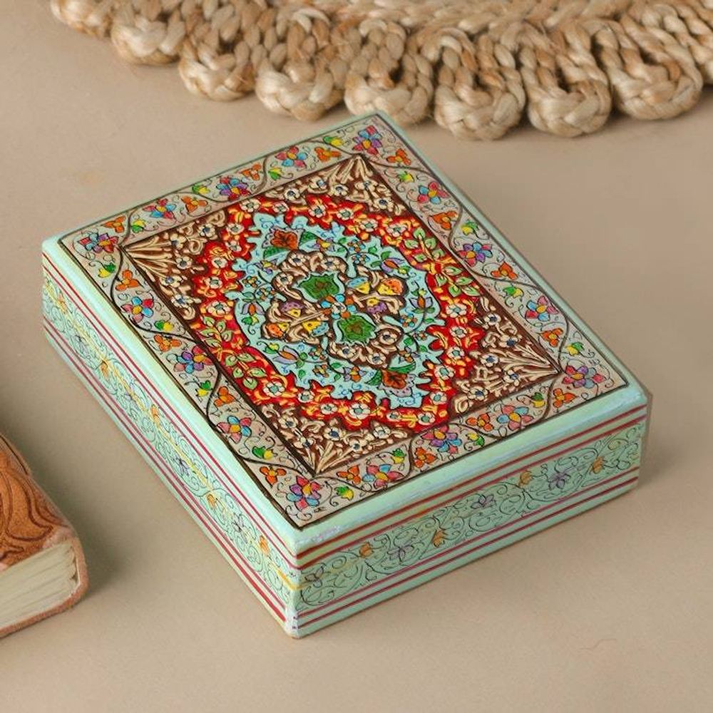 Wood Papier Mache Decorative Box in Blue 'Persian Flower Paradise'