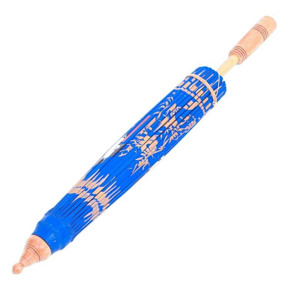 Hand-Painted Bamboo and Cotton Parasol 'Happy Cranes in Blue'