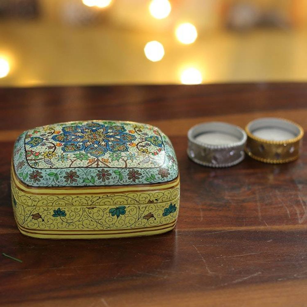 Hand-Painted Papier Mache on Wood Decorative Box from India 'Floral Majesty'