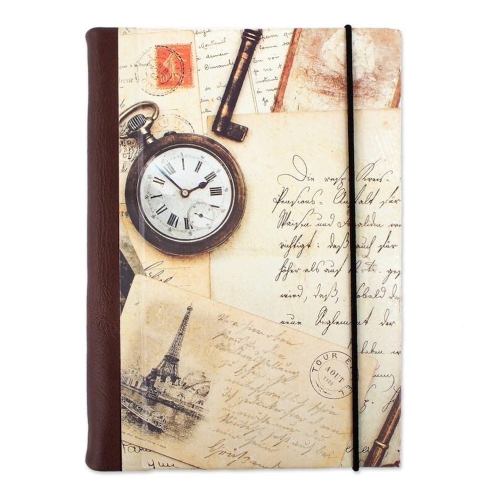 Recycled Paper Handmade Journal with Travel Motifs 'Time Flies'