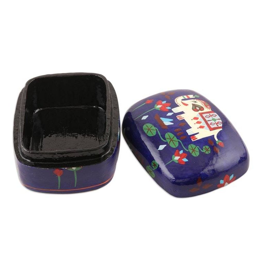 Hand Painted Papier Mache Elephant-Motif Box 'Midnight Tale'