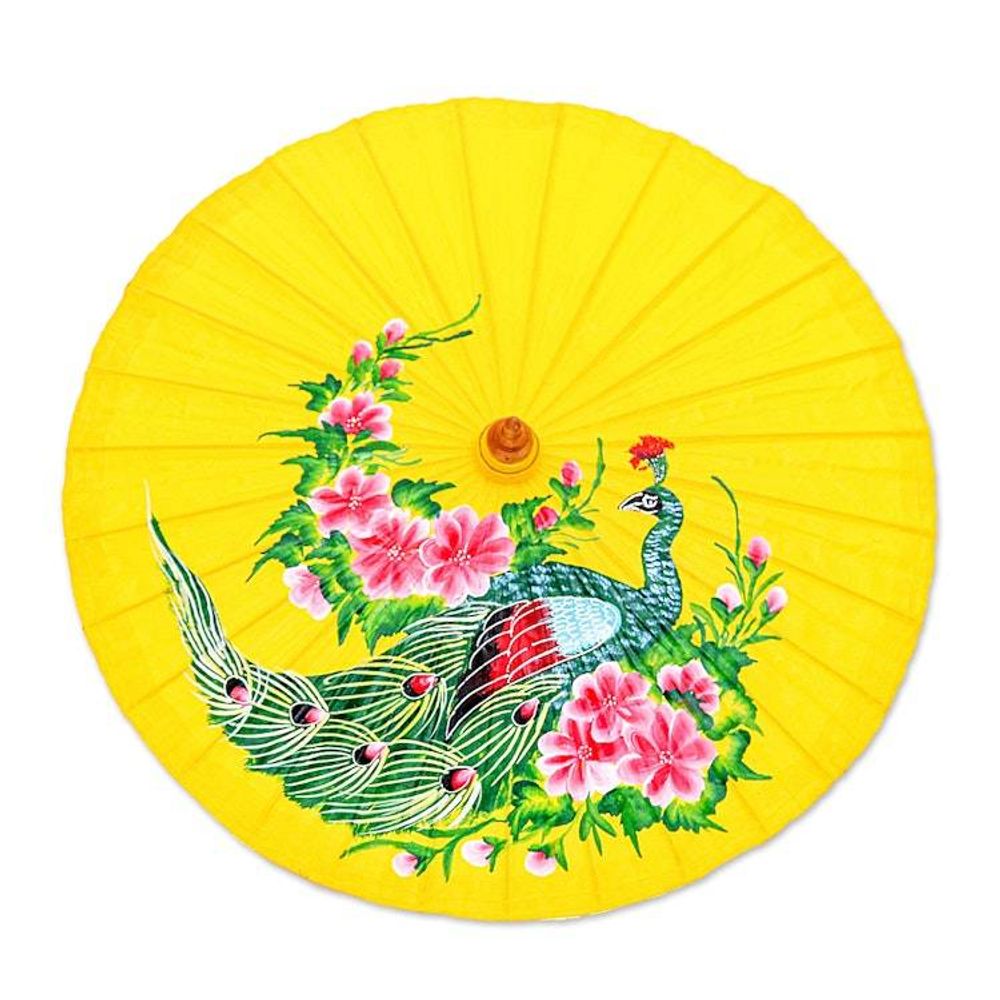 Hand-Painted Peacock-Themed Cotton and Bamboo Parasol 'Sunrise Divinity'