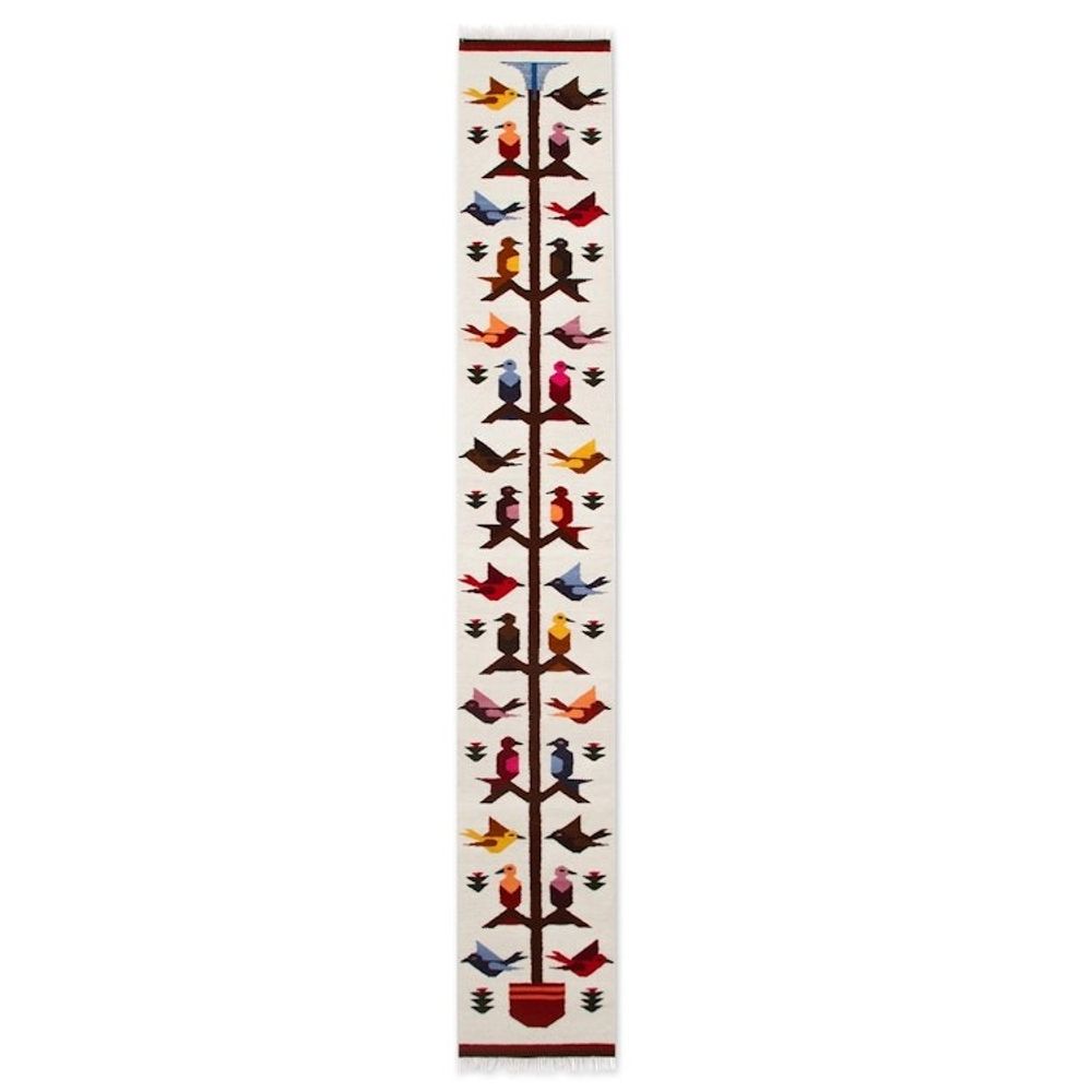 Colorful Bird-Themed Handwoven Wool Runner Rug 1x5 'Birds of Life'
