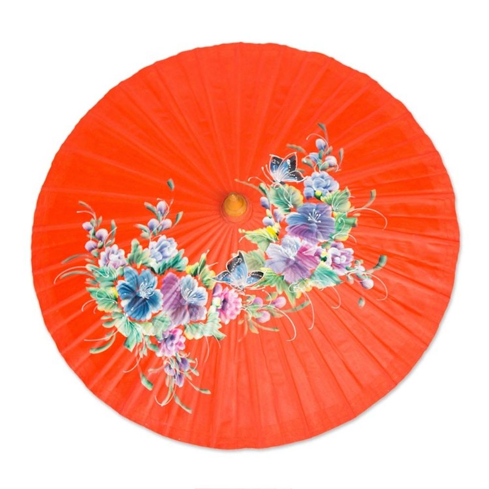 Hand Painted Saa Paper Parasol from Thailand 'Tangerine Garden'