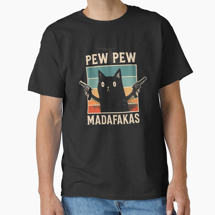 Vintage black cats with revolvers pew pew by Mate0 designer Unisex T-shirt, Sweatshirt, Hoodie, Long Sleeve Tee