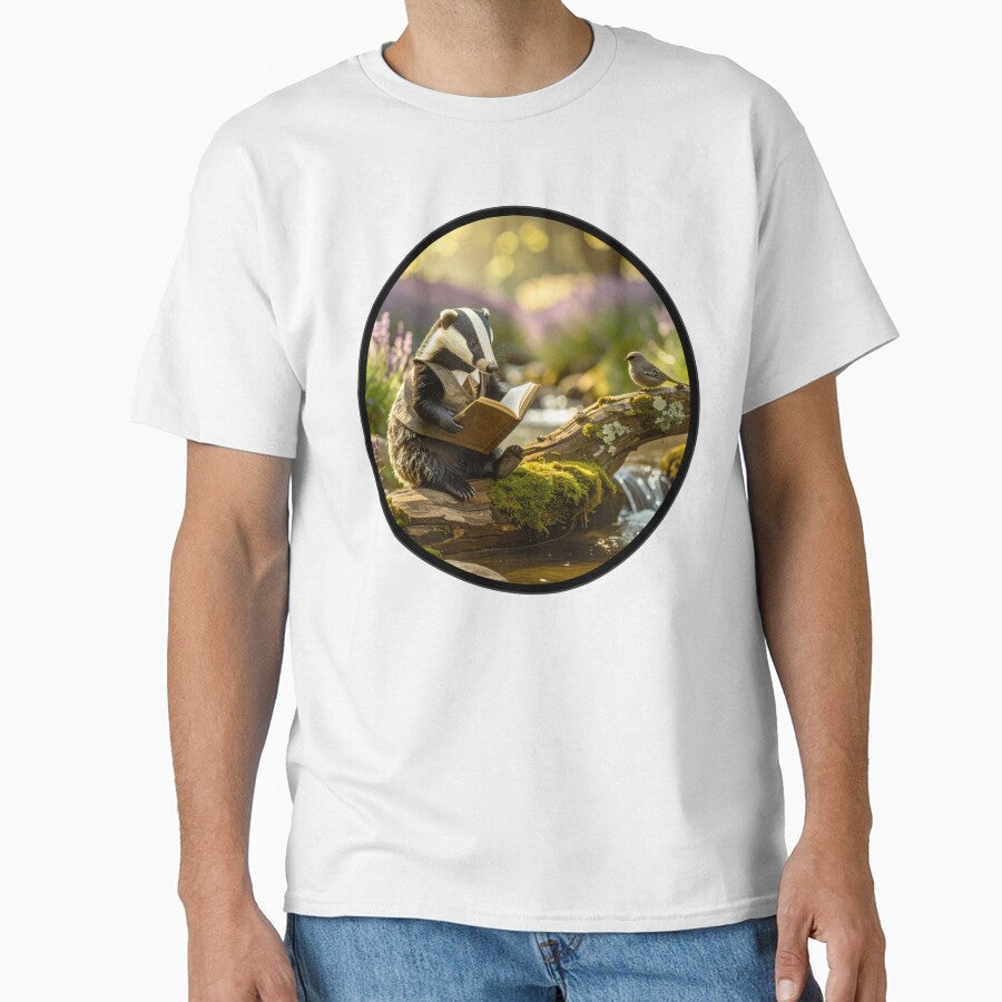 Cottagecore Badger Reading a Book | Light Academia, Bookish Animal Art by Englandbear Unisex T-shirt, Sweatshirt, Hoodie, Long Sleeve Tee