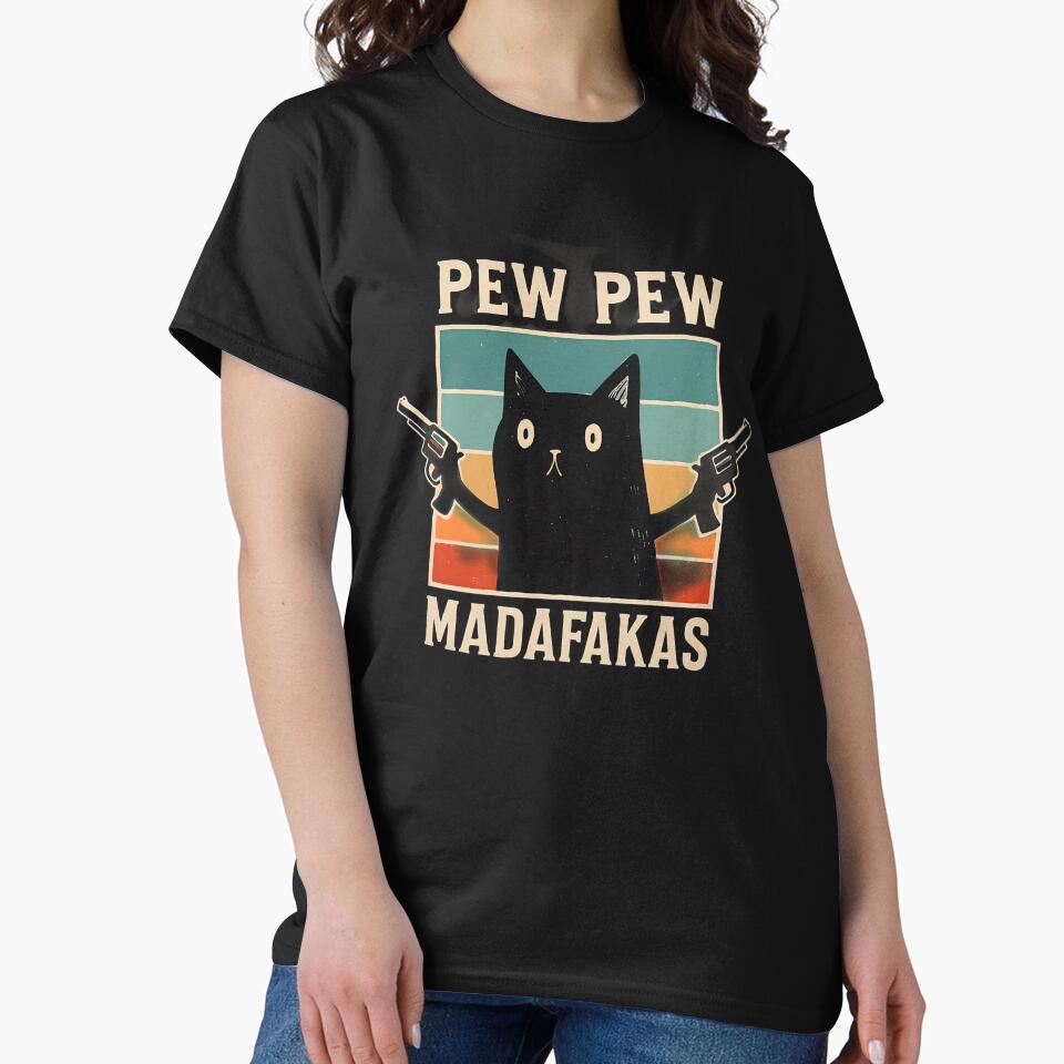 Vintage black cats with revolvers pew pew by Mate0 designer Unisex T-shirt, Sweatshirt, Hoodie, Long Sleeve Tee
