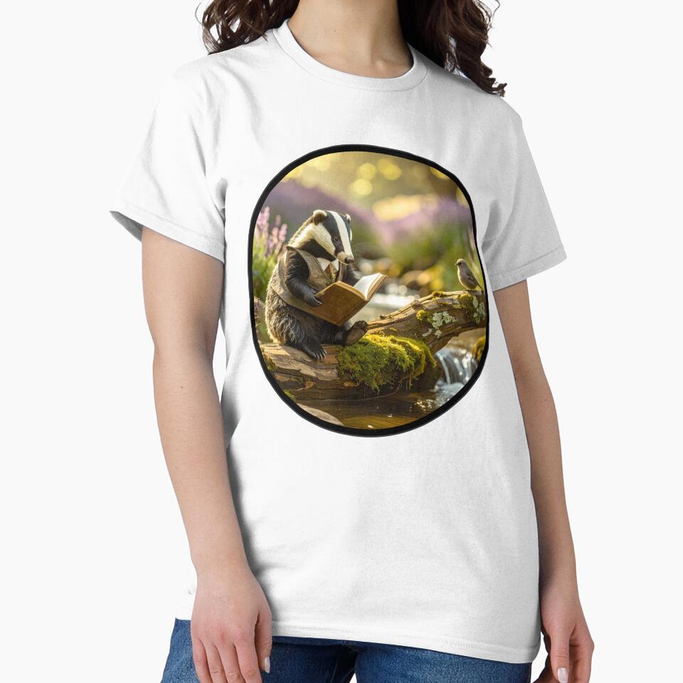 Cottagecore Badger Reading a Book | Light Academia, Bookish Animal Art by Englandbear Unisex T-shirt, Sweatshirt, Hoodie, Long Sleeve Tee