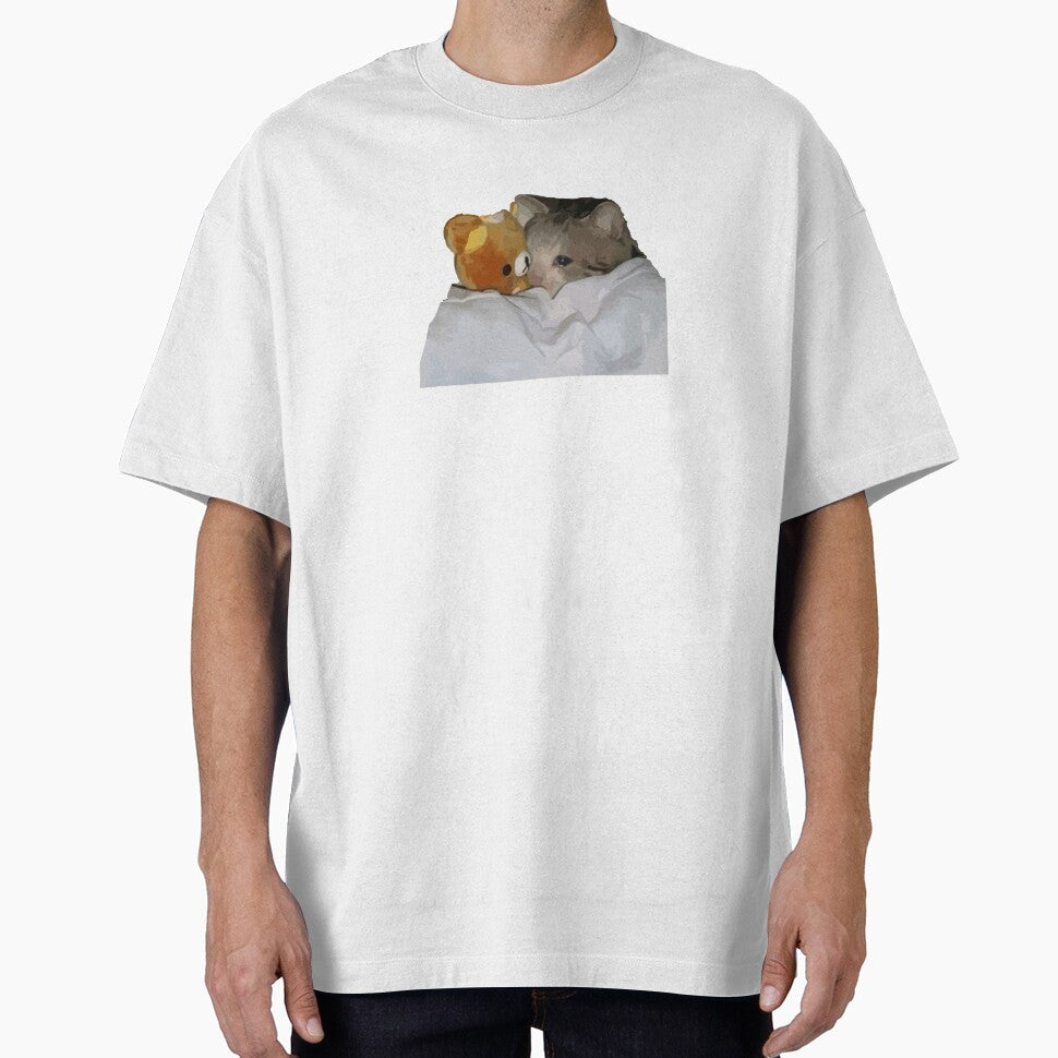 CRYING KITTEN TUCKED IN WITH CUTE BEAR | TRENDY MEME FUNNY AESTHETIC MOTIVATIONAL TIKTOK ABSTRACT ART by miebyjamie